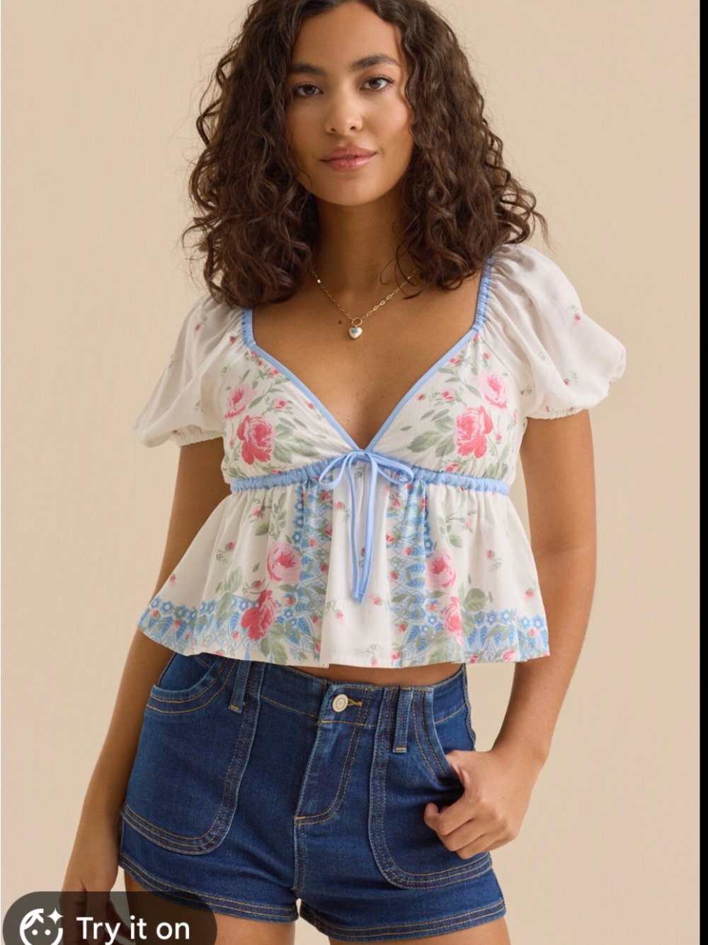 Altar'd State White Floral Puff-Sleeve Tie-Front Crop Top with Blue Trim